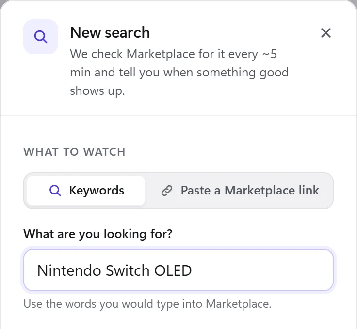The New search form, with Nintendo Switch OLED typed in as the keywords.