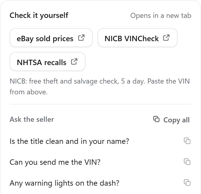 Check it yourself: eBay sold prices, NICB VINCheck and NHTSA recalls buttons, and seller questions like Is the title clean and in your name, each with a copy button.